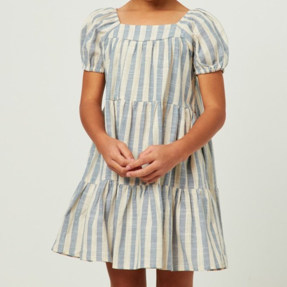 Girls Cotton Striped Square Neck Puff Sleeve Tiered Dress